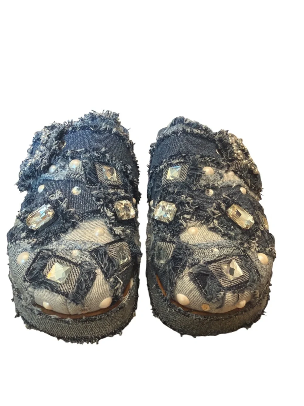 Gianni Bini Embellished Denim Patchwork Platform Mules Rhinestone Pearl 8.5 - Picture 3 of 8